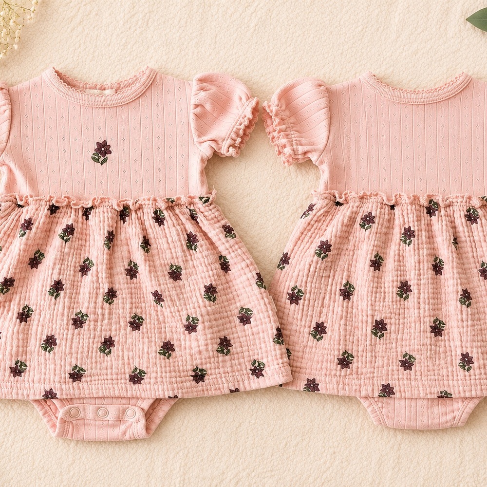 Rabbit & Bear Pink Floral Gauze Dress Bodysuit | Size 0-3M | Boutique Baby Girl